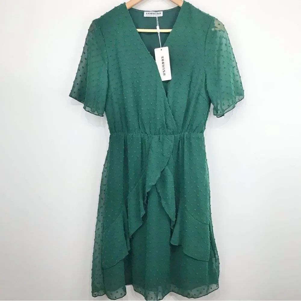 Ecowish Green Green Swiss Dot Plumeti Short Sleeve Ruffle Dress NEW